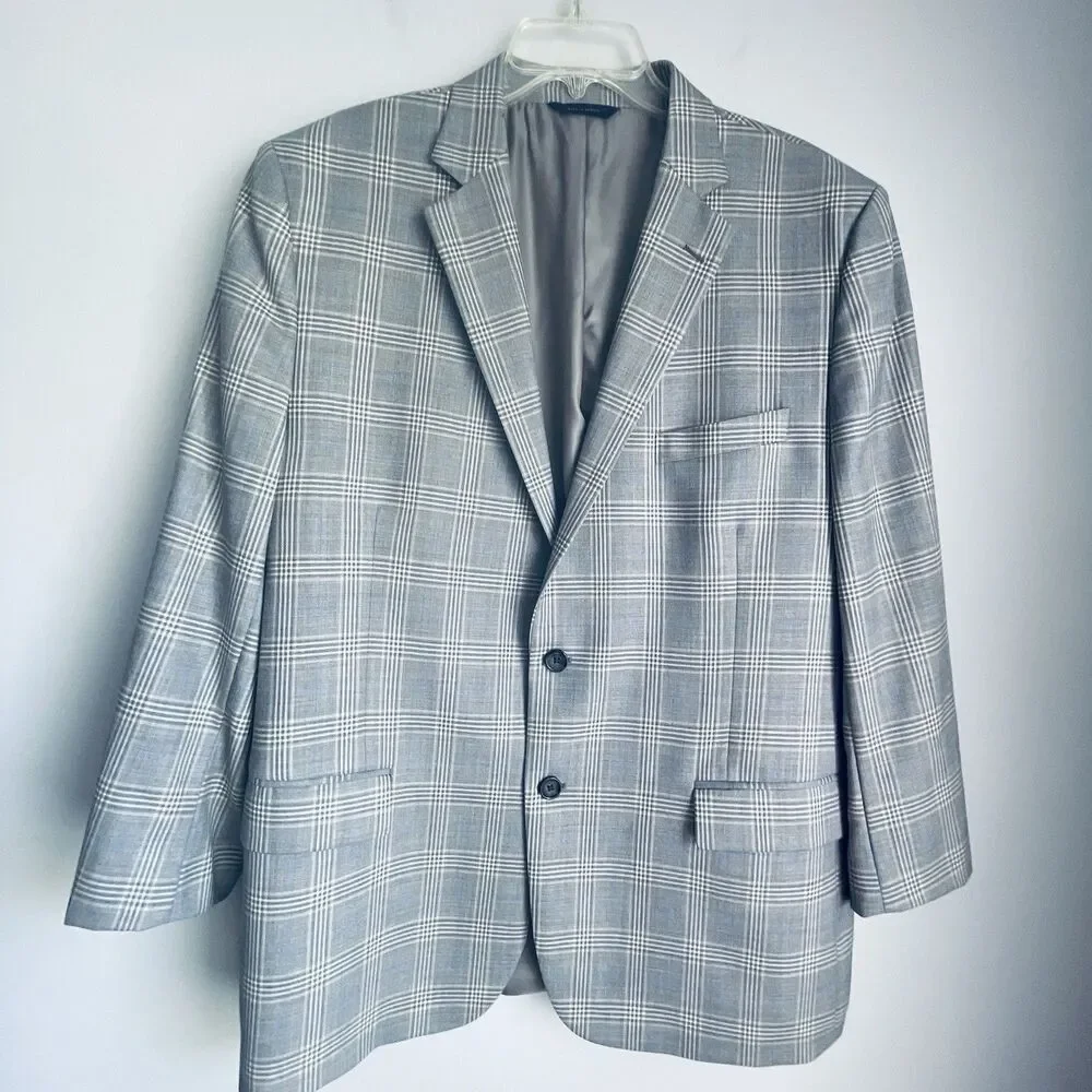 Brooks Brothers Wool Blazer Mens 48R Gray Blue Plaid Fitzgerald Fit Suit Jacket